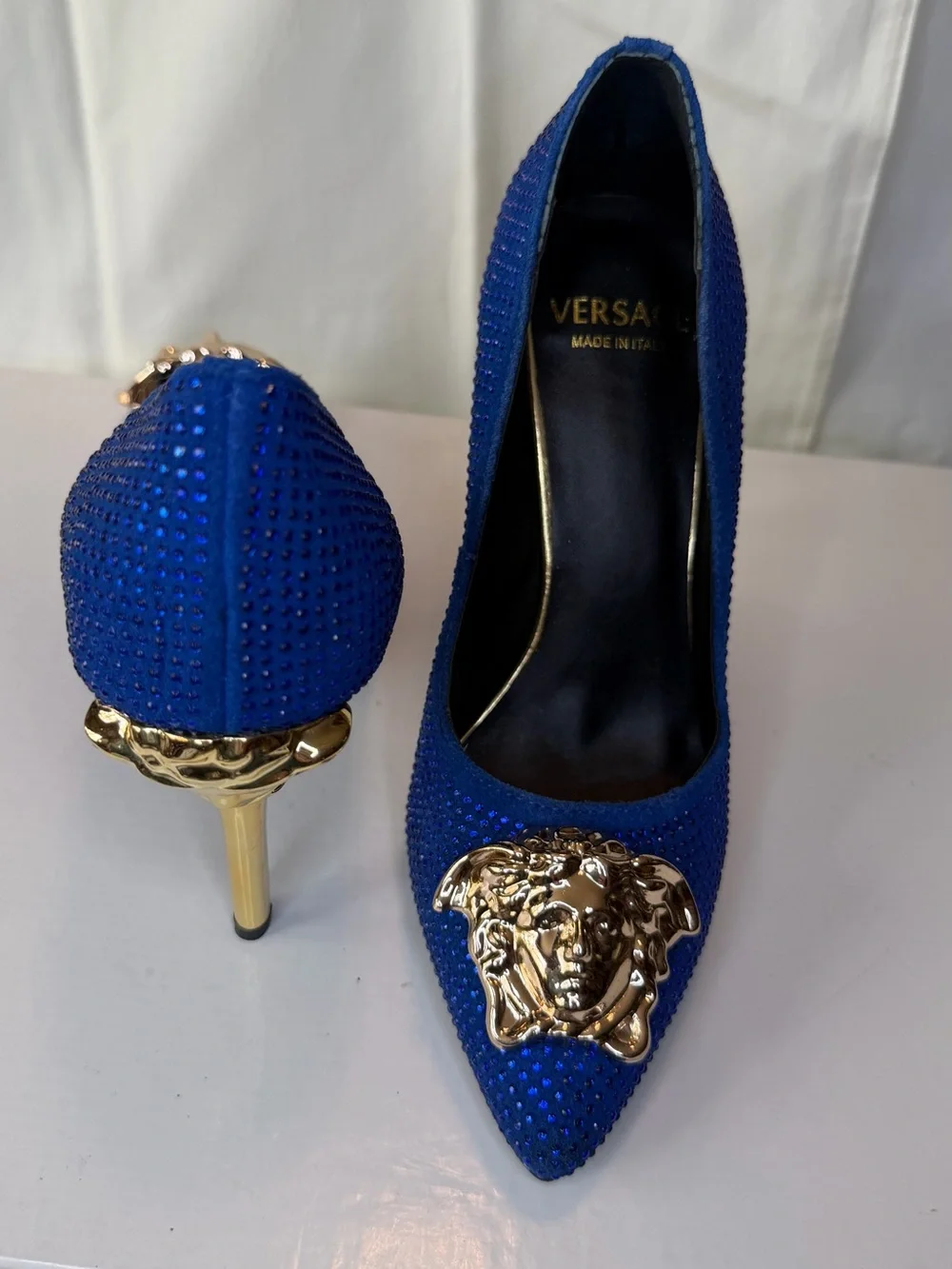 Versace Royal Blue Crystal Pointed-Toe Pumps with Gold Medusa